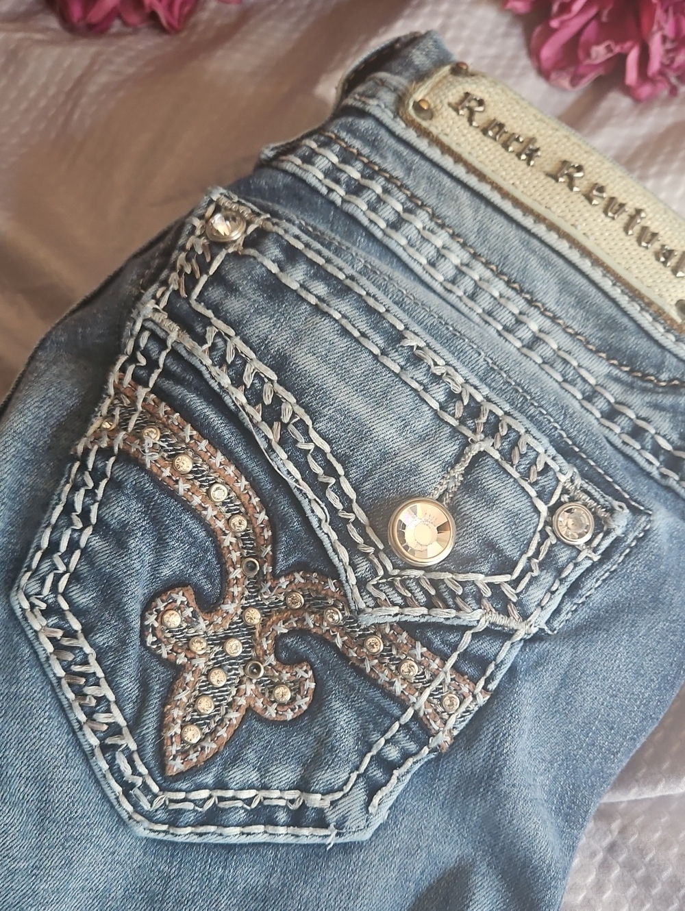 Rock Revival Women's Light Blue Barby Ankle Skinny Jeans Embellished Fleur Sz26